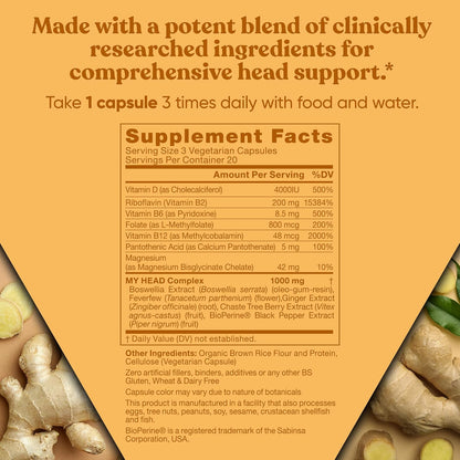My Head! Headache Vitamins – Sensitivity, Tension, Comfort, Normal Head Function for a Clear Mind – Fast-Acting Magnesium, Feverfew, Boswellia, Vitamin D, Ginger and More – 60 Soft Capsules