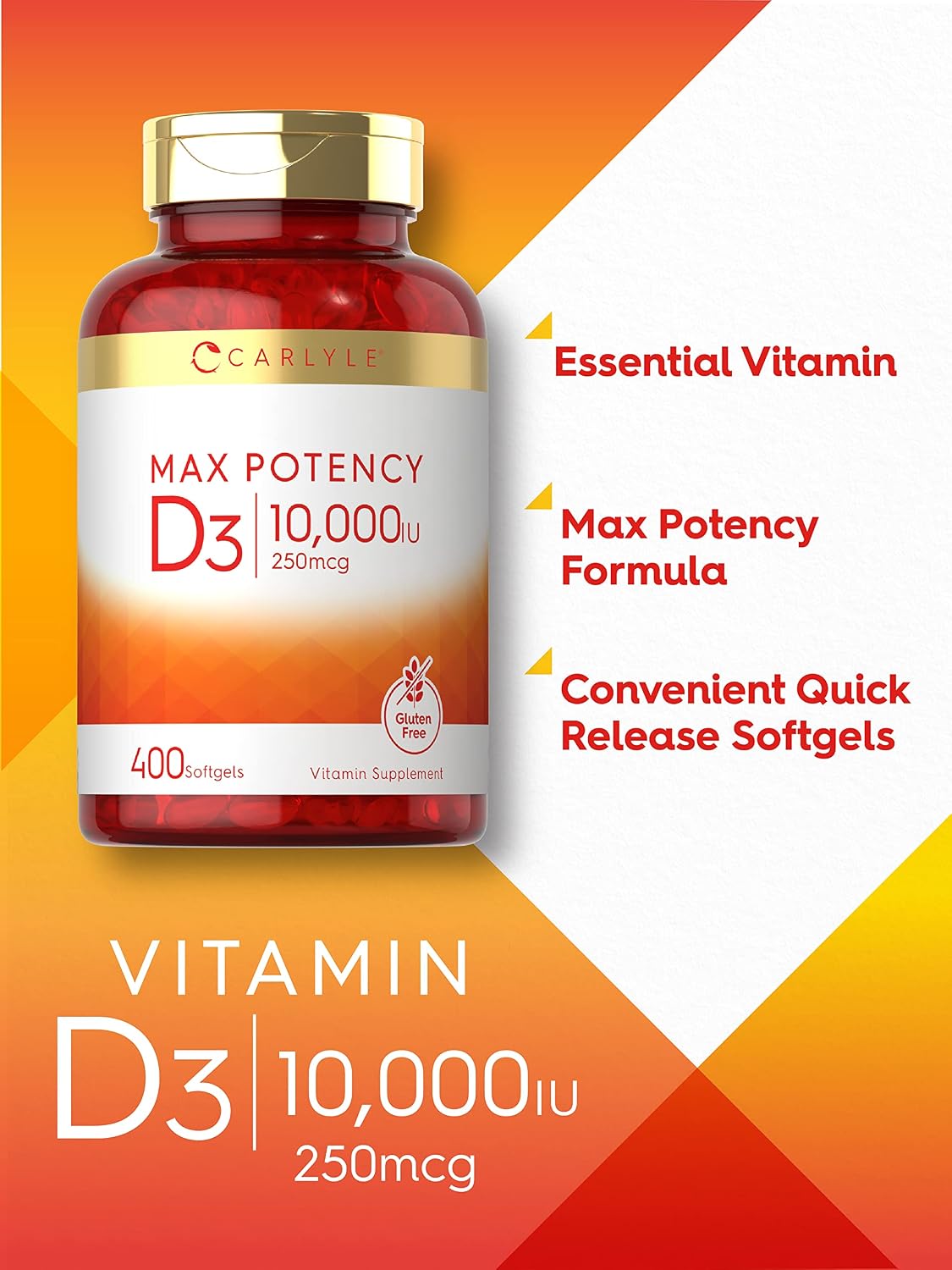 Carlyle Vitamin D3 10,000 IU, 400 Soft gel capsule Capsules – High Potency, Non-GMO, Gluten-free Food Supplement - görsel 3