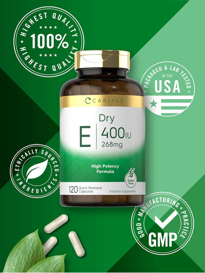 Carlyle Dry Vitamin E 400 IU, 120 Capsules – Natural D-Alpha Tocopheryl, Non-GMO, Gluten-free