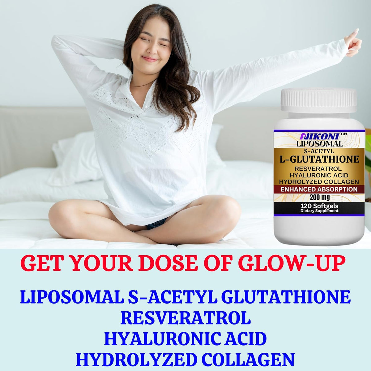 Nikoni Liposomal S-Acetyl L-Glutathione, Resveratrol, Hyaluronic Acid & Collagen - 500mg, 120 Capsules - görsel 5