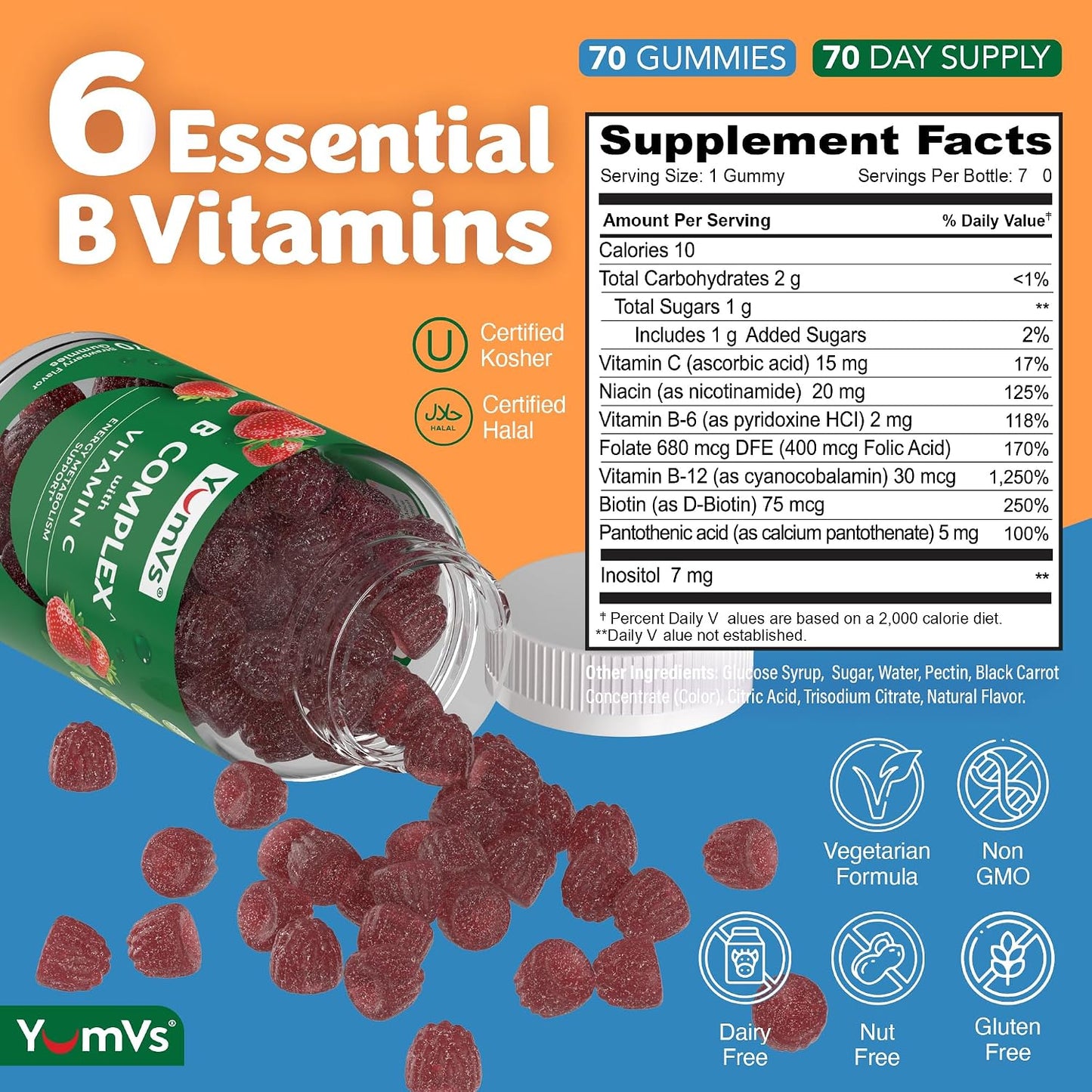 YUM-V'S B Complex Gummies with Vitamin C – Strawberry Flavour – 70 Count - görsel 3