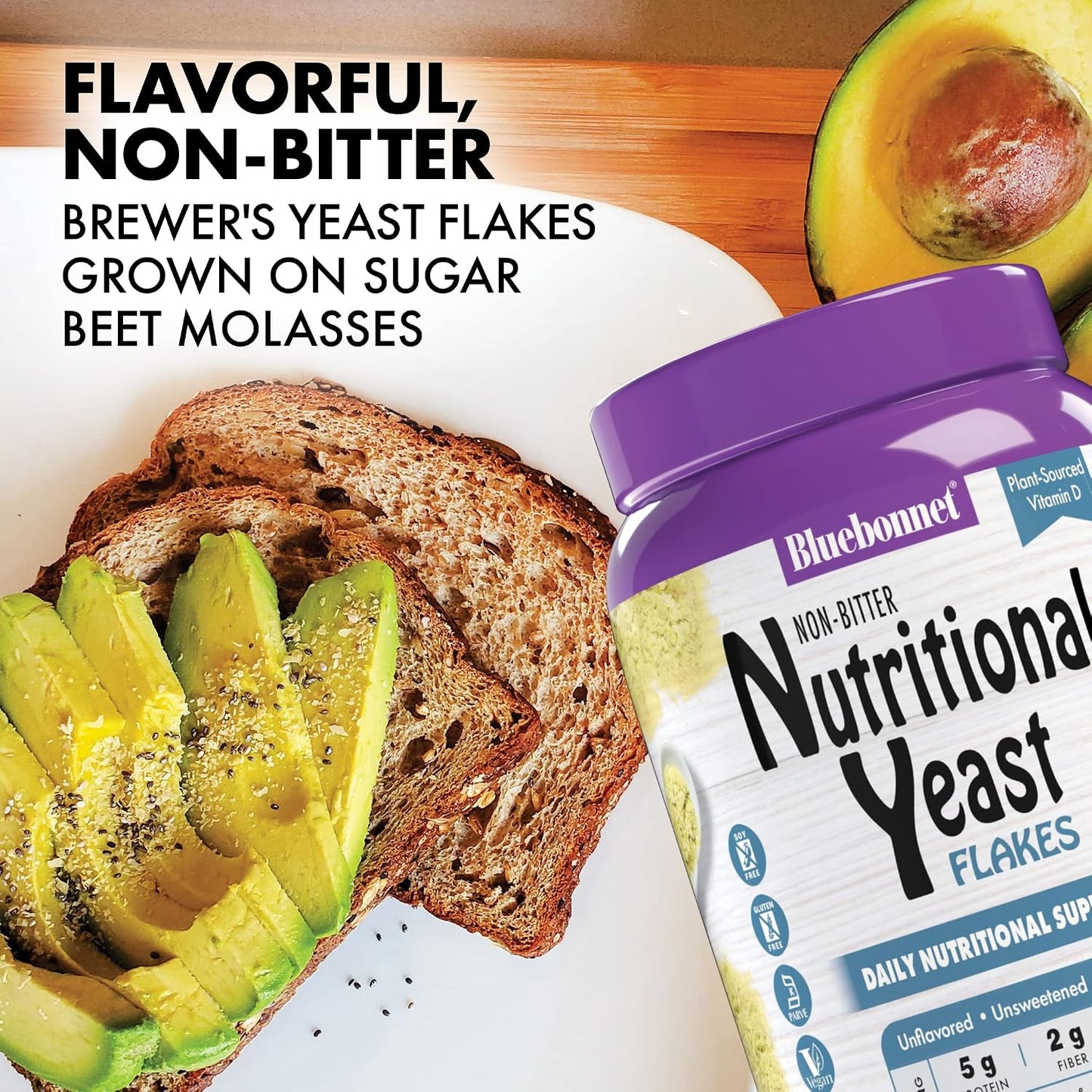 BlueBonnet Nutrition Non-Bitter Nutritional Yeast Flakes – Plant-Based Protein, B Vitamins & Vitamin D – Non-GM, Vegan, Kosher, Gluten-Free, Soya-Free – 300 g (30 Servings) - görsel 5