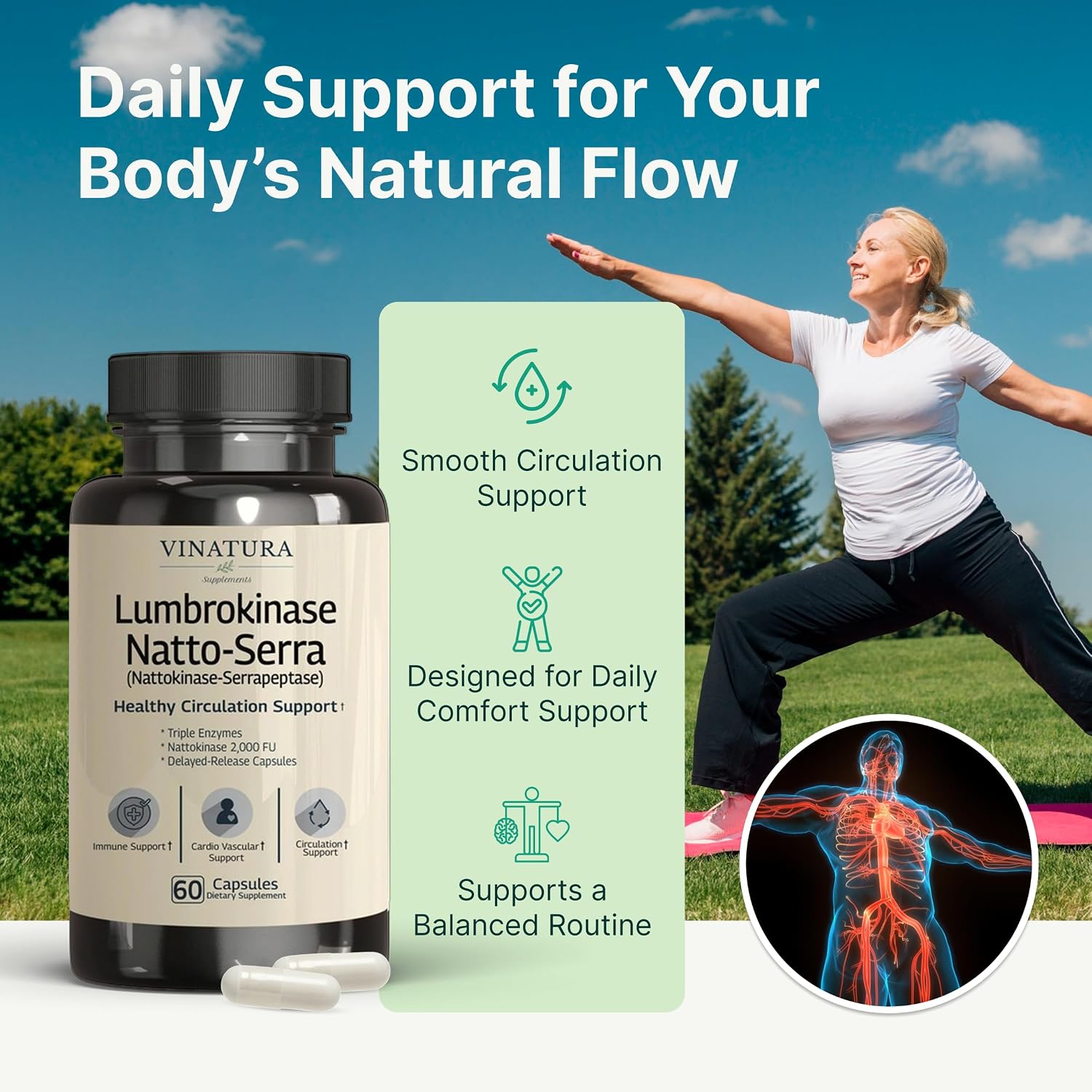 VINATURA Lumbrokinase Serrapeptase Nattokinase - Triple Enzyme Supplement for Blood Circulation Support - 60 Delayed-Release Capsules - görsel 3