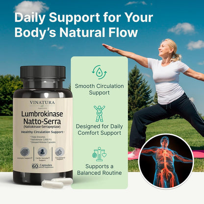 VINATURA Lumbrokinase Serrapeptase Nattokinase - Triple Enzyme Supplement for Blood Circulation Support - 60 Delayed-Release Capsules