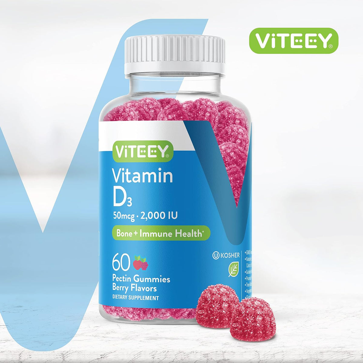 Viteey Vitamin D3 Gummies for Adults & Teens – 2000 IU – Immune & Bone Health – Berry Flavour – 60 Count - görsel 2