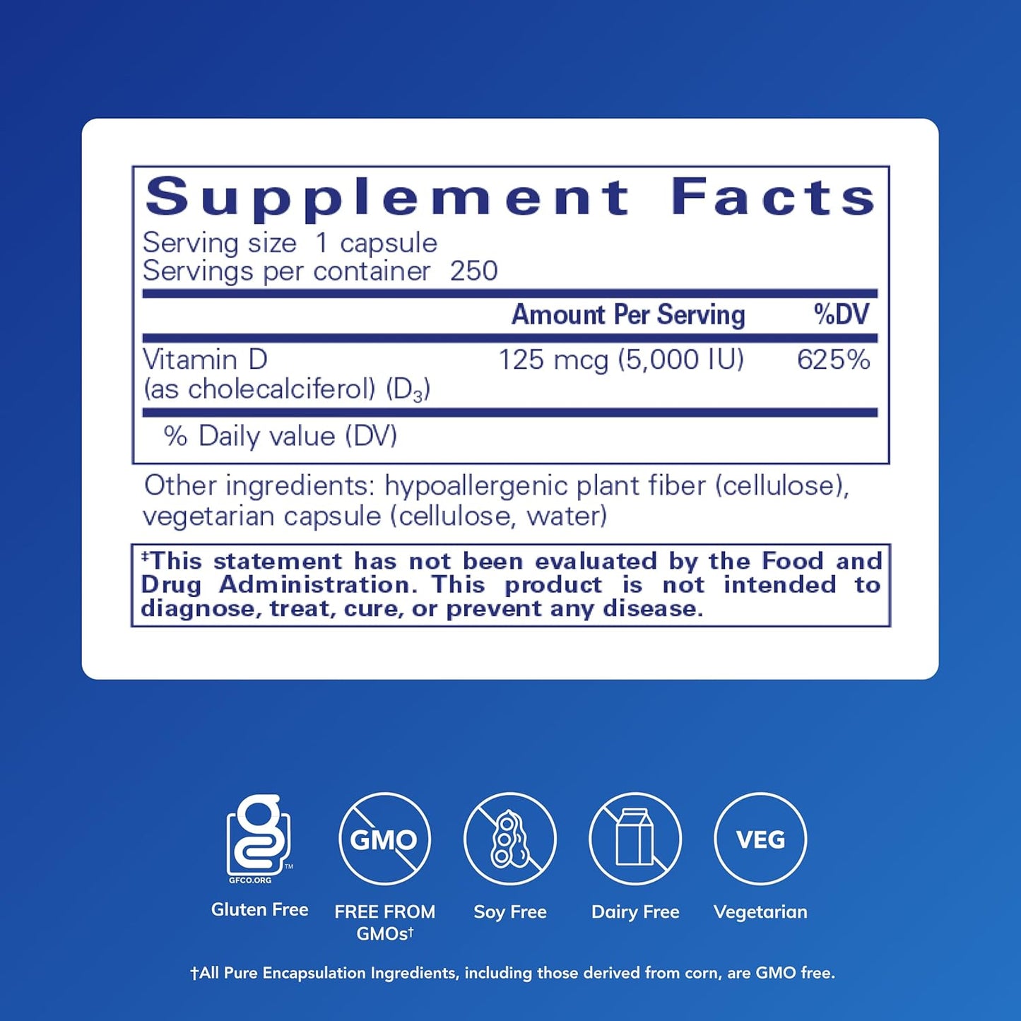 Pure Encapsulations Vitamin D3 125 mcg (5,000 IU) – 250 Capsules - görsel 2