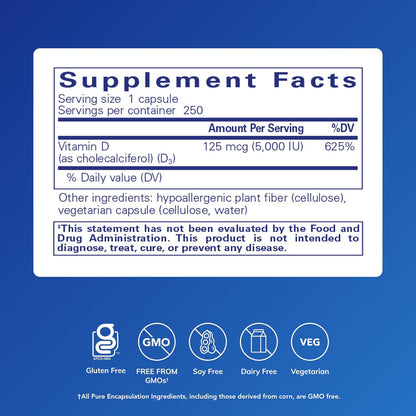 Pure Encapsulations Vitamin D3 125 mcg (5,000 IU) – 250 Capsules
