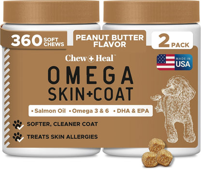 Omega-3 Fish Oil for Dogs, 180 Soft Chews - Salmon Oil Skin & Coat Supplement, Dog Allergy & Itch Relief, Hot Spots, Anti-Shedding - EPA & DHA Fatty Acids - Peanut Butter Flavour - Made in the USA - Chew + Heal