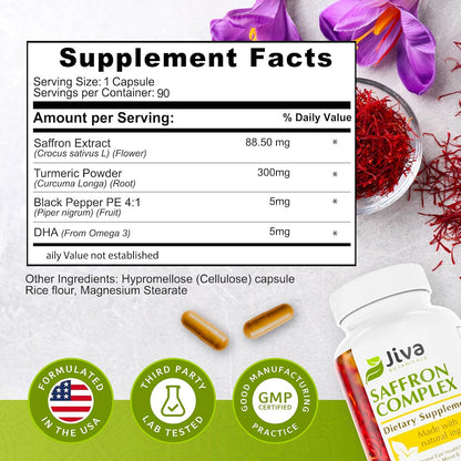 Jiva Saffron Supplements – Pure Saffron Extract 88.5 mg with Turmeric & Black Pepper for Mood, Clarity & Eye Health – 90 Capsules