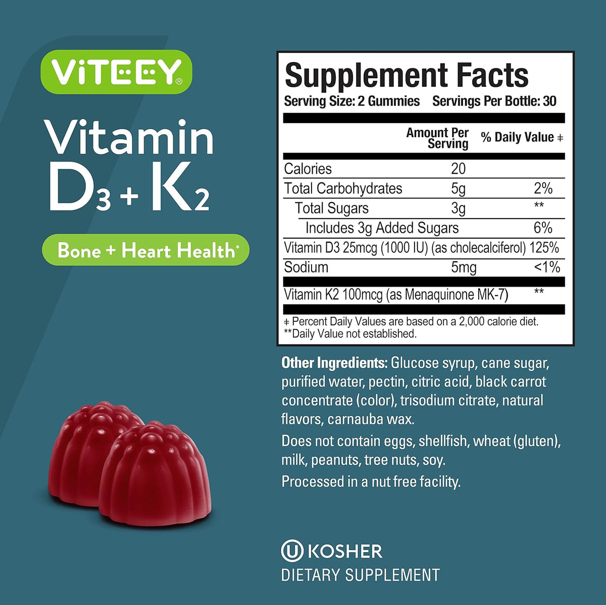 Viteey Vitamin D3 K2 Gummies - 1000 IU D3 + 100 μg K2, 60 Gummies - görsel 4