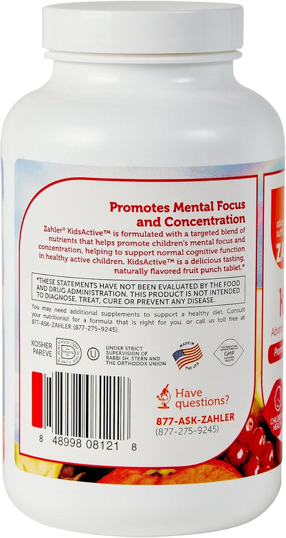 Zahler KidsActive, Kids Chewable Concentration Formula, All Natural Children’s Supplement Supporting Concentration, Certified Kosher, 180 Fruit Punch Flavoured Tablets