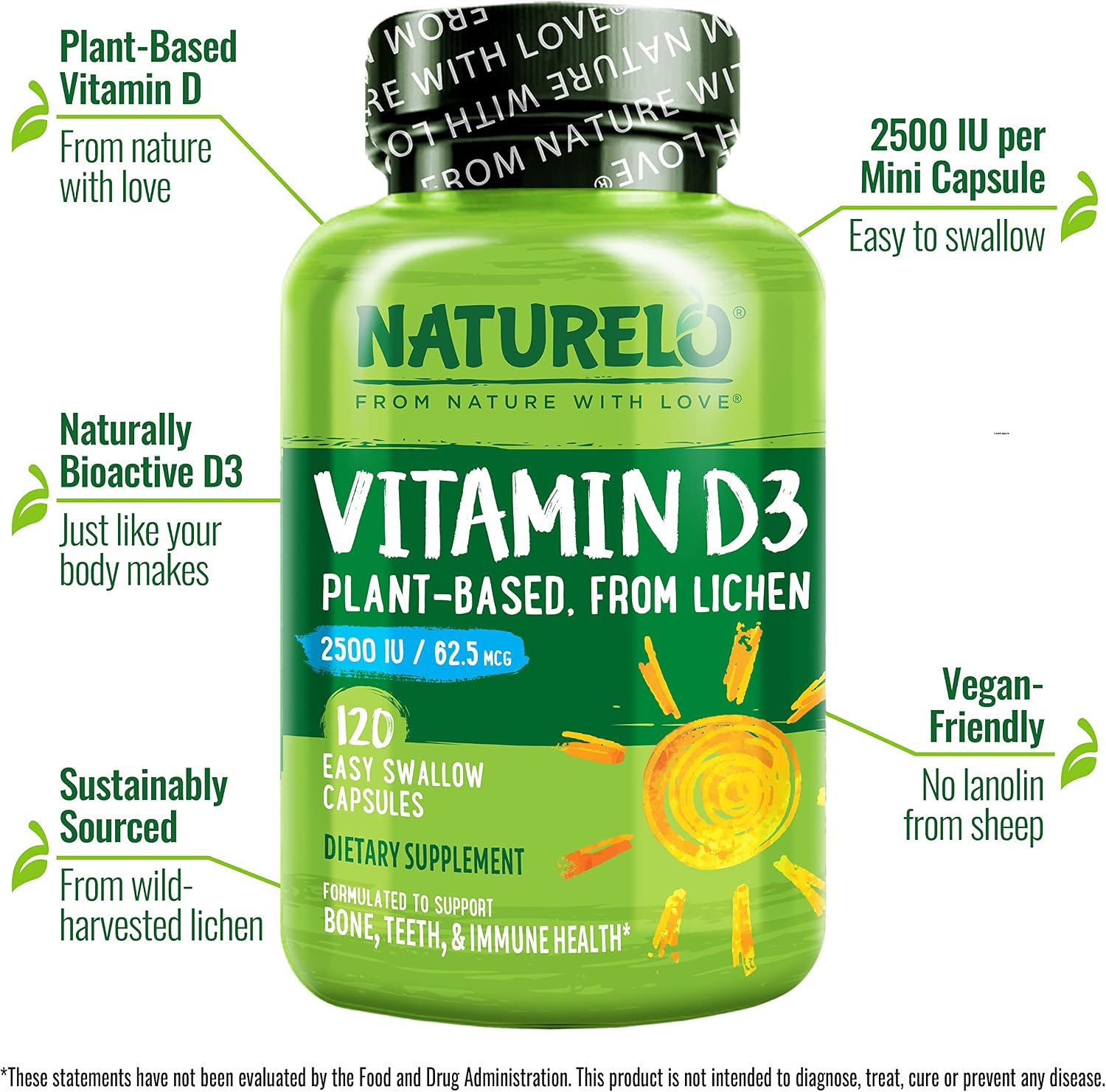 NATURELO Vitamin D3 2500 IU - Plant Based from Lichen - Vegan Supplement for Immune & Bone Health - 120 Capsules - görsel 2