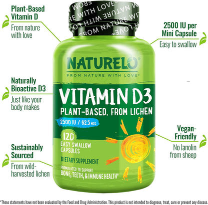 NATURELO Vitamin D3 2500 IU - Plant Based from Lichen - Vegan Supplement for Immune & Bone Health - 120 Capsules