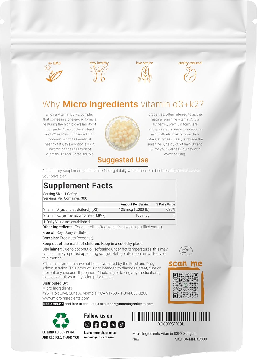 Micro Ingredients Vitamin D3 5,000 IU + K2 MK-7 100 mcg, 300 Softgels | Virgin Coconut Oil | 2-in-1 Support | Easy to Swallow, Non-GMO - görsel 2
