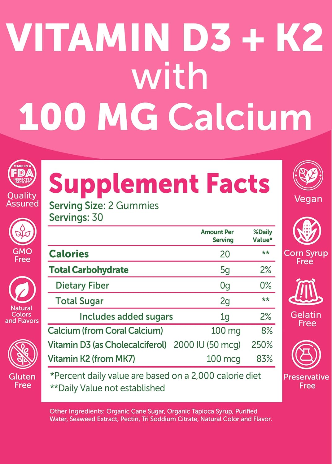 Lunakai Vitamin D3 K2 Gummies with Calcium – Vegan, 2000 IU D3 + 100 mcg K2 (MK7) + 100 mg Calcium – 60 Count - görsel 5