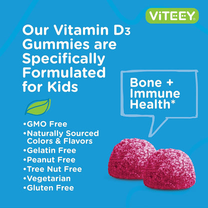 Viteey Vitamin D3 Children's Gummies 25mcg 1000 IU – Tasty Chewable Berry Flavoured | Bone Maintenance, Immune Function, Muscle Support – Vegetarian, Gelatine Free, Gluten-free, Non-GMO – 60 Count