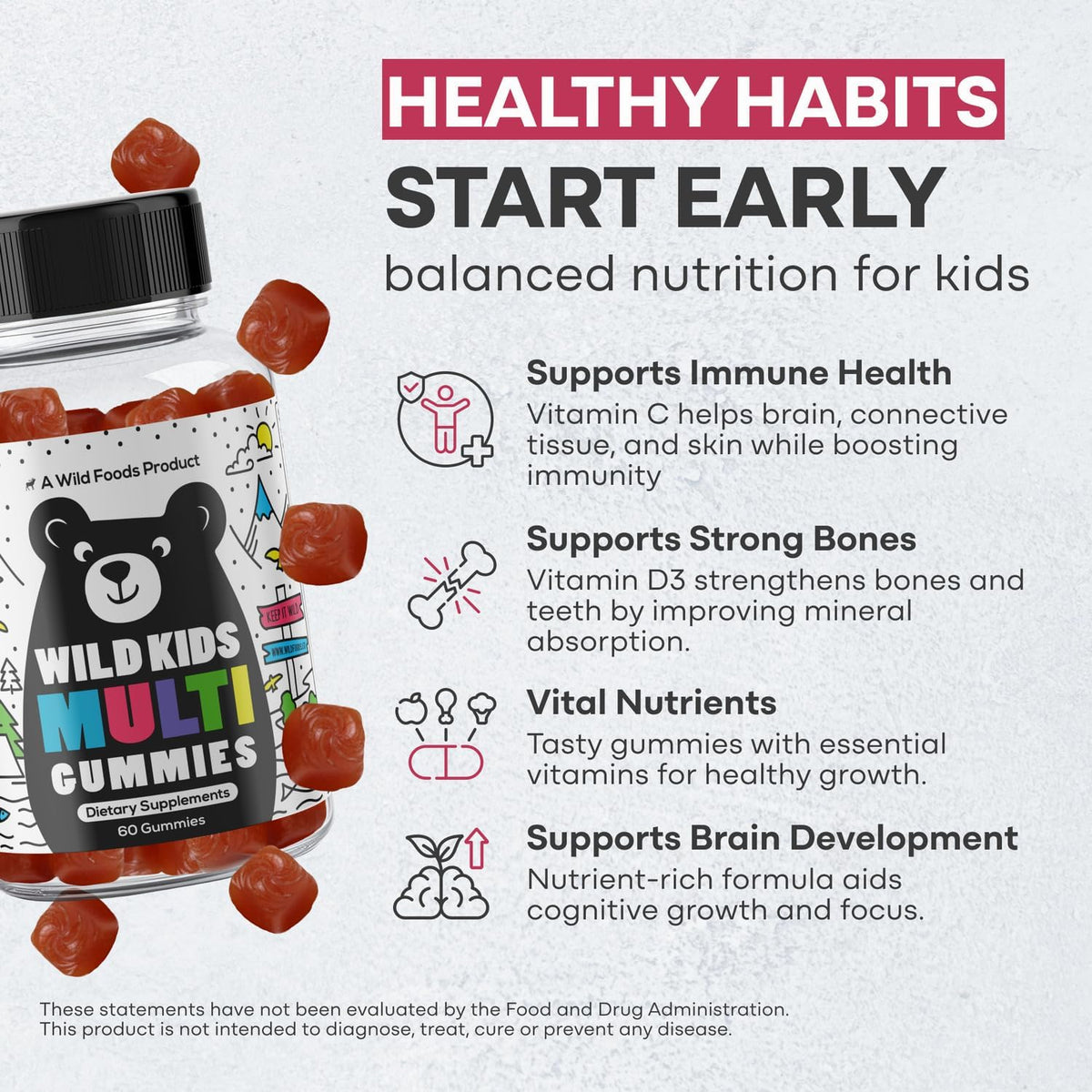 Wild Foods Kids Multivitamin Gummies – with Vitamins A, C, D, E, B12, Iron & DHA – 60 Gummies - görsel 3