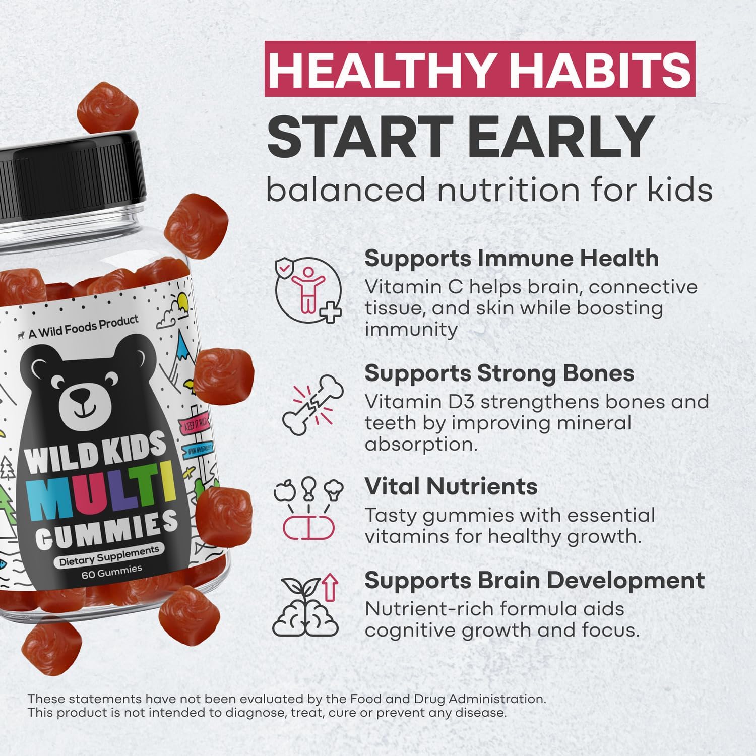 Wild Foods Kids Multivitamin Gummies – with Vitamins A, C, D, E, B12, Iron & DHA – 60 Gummies - görsel 3