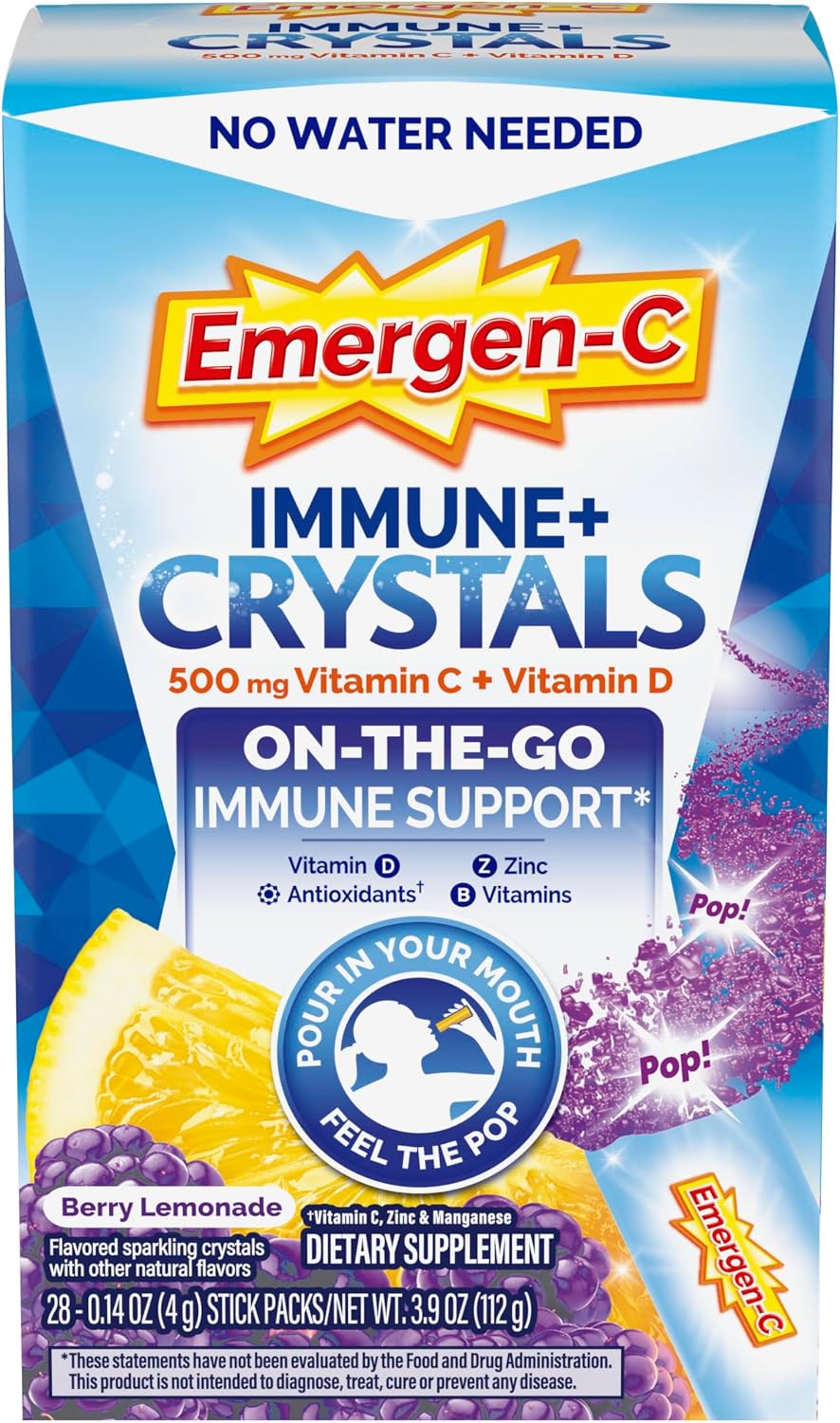 Emergen-C Immune Plus Crystals, On-the-Go Immune Support Supplement, Berry Lemonade - 28 Stick Packs - görsel 1