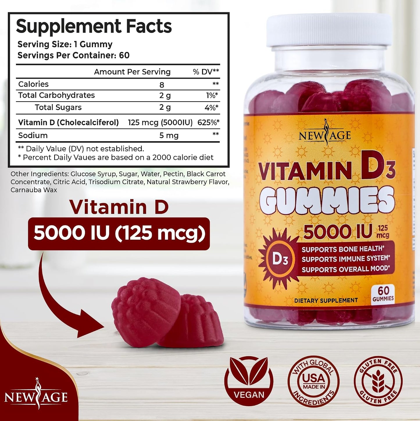 NEW AGE Immune Defence Combo - Vitamin D3 5000 IU & Zinc Gummies (2 Pack, 120 Count) - görsel 2
