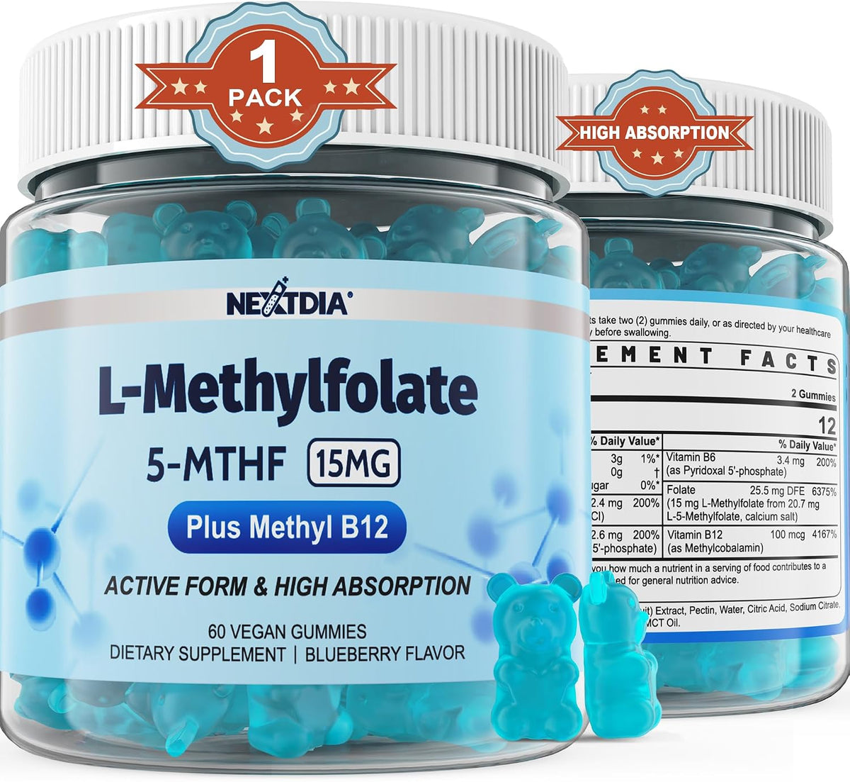 L-MethylFolate 15mg & Methyl B12 Gummies, Methylated B Complex - Active 5-MTHF, Vegan, 60 Count - görsel 1