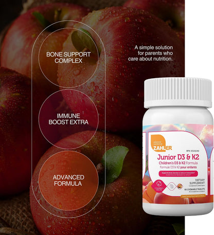 Zahler Junior D3 & K2 - Peach Apricot - 90 Chewable Tablets for Children's Bone and Immune Support