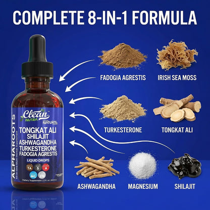 Clean Nutra Tongkat Ali Liquid Drops – Herbal Supplement for Men with Ashwagandha, Shilajit, Turkesterone, Magnesium, Irish Sea Moss, and Zinc