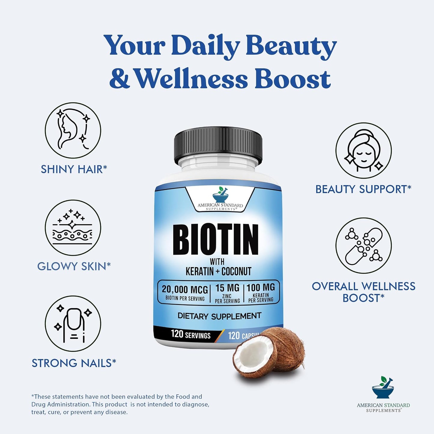 American Standard Supplements Biotin 20,000mcg with Keratin, Coconut & Zinc - 120 Veggie Capsules - görsel 5