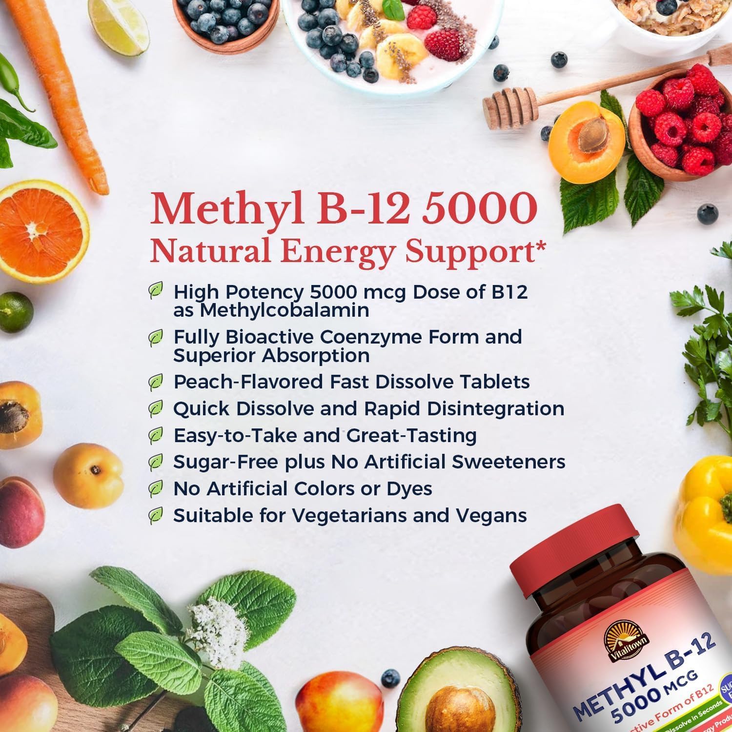 Vitalitown Vitamin B12 (Methyl B12) 5000 mcg, Fully Bioactive Form, Supports Energy Production, Natural Peach Flavour, Zero Sugar, 120 Fast Dissolve Tablets - görsel 3