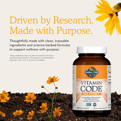 Garden of Life Vitamin Code Raw Vitamin C - 120 Capsules, 500mg Whole Food Vitamin C Capsules + Fruit & Vegetable Blend & Probiotics, Supplements for Adults, Vegan, Gluten-free