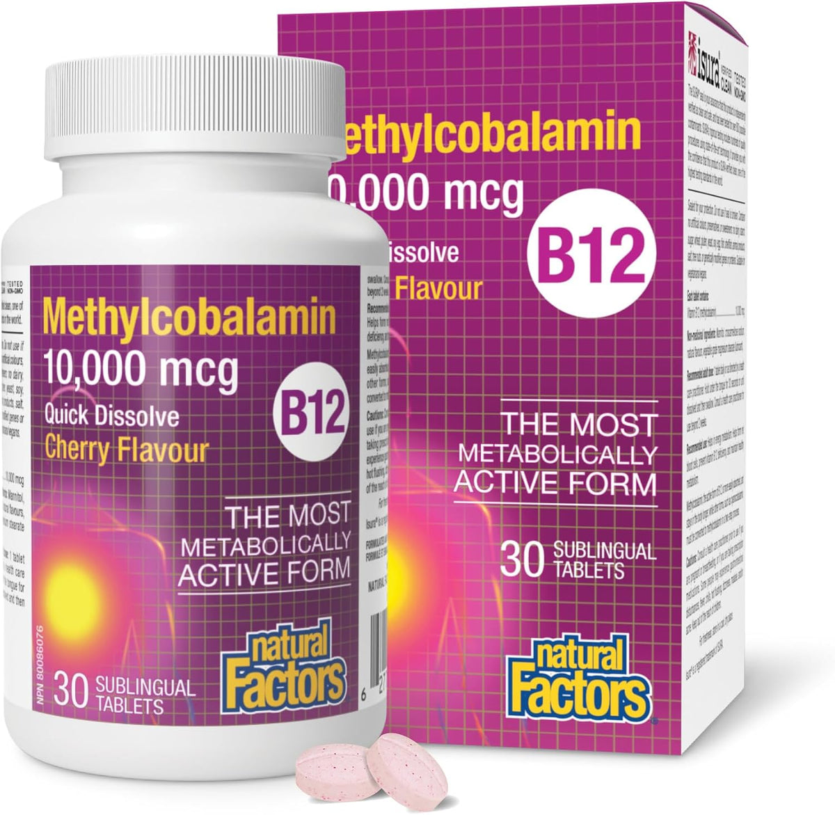 Natural Factors Methylcobalamin 10,000 mcg - Vitamin B12 Supplement - Metabolically Active Form - 30 Chewable Tablets - görsel 1