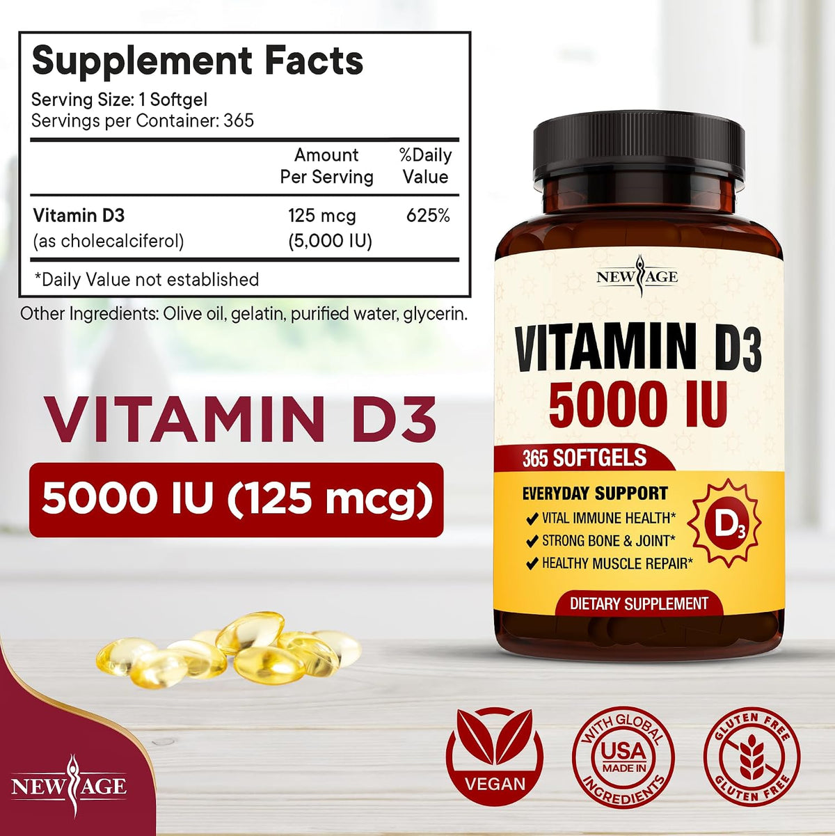 NEW AGE Vitamin D3 5000 IU 125mcg Soft gel capsules - Immune Support and Bone Health, Non-GMO, Gluten-free, 1 Year's Supply (360 Soft gel capsules) - görsel 2