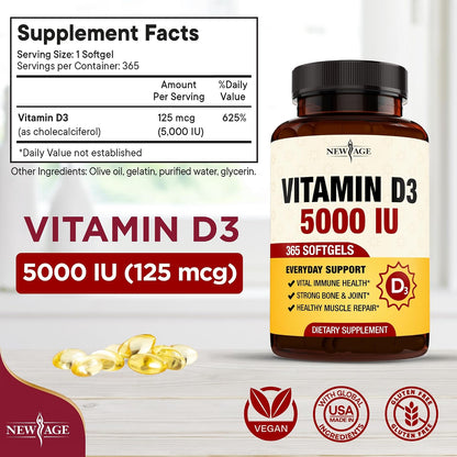 NEW AGE Vitamin D3 5000 IU 125mcg Soft gel capsules - Immune Support and Bone Health, Non-GMO, Gluten-free, 1 Year's Supply (360 Soft gel capsules)