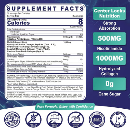 NEVISS Nicotinamide 500mg Gummies with Collagen Peptides – Flush-Free Vitamin B3 for NAD+ Support & Cellular Health, Sugar-Free, 60 Count