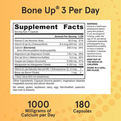 Jarrow Formulae BoneUp - Three Per Day Bone Density Supplement with Vitamin D3, K2 (MK-7) and MCHA Calcium, 180 Capsules