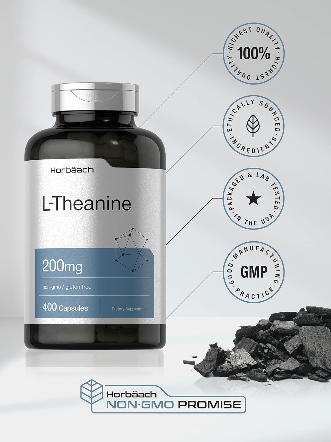 Horbäach L-Theanine | 200mg | 400 Capsules | Value Size | Non-GMO, Gluten-free Supplement - görsel 5