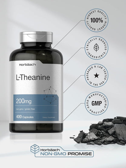 Horbäach L-Theanine | 200mg | 400 Capsules | Value Size | Non-GMO, Gluten-free Supplement