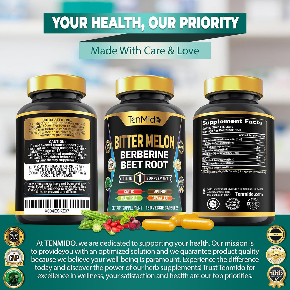 Tenmido Bitter Melon Capsules - 8in1 Formula with Berberine, Beet Root, Garlic, Milk Thistle, Apigenin, Papaya Leaf & Black Pepper (150 Vegan Capsules) - görsel 7