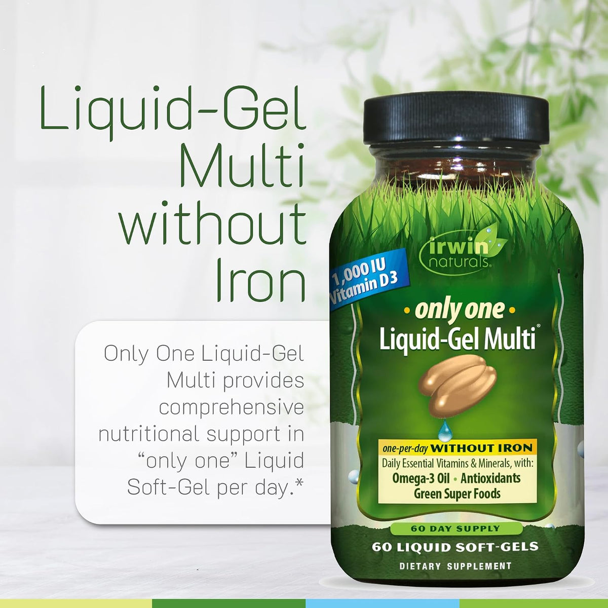 Irwin Naturals Only One Liquid-Gel Multi – 60 Liquid Softgels – No Iron Daily Multivitamin with Omega-3 & Greens - görsel 5