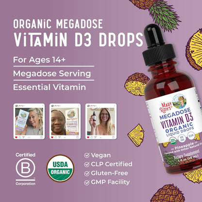 MARYRUTH'S Vitamin D3 Liquid Drops | Megadose 4000 IU | USDA Organic Liquid Vitamin D Spray for Adults & Kids | Immune Support & Bone Health | Vegan | Gluten-free | Non-GMO | 30 Servings