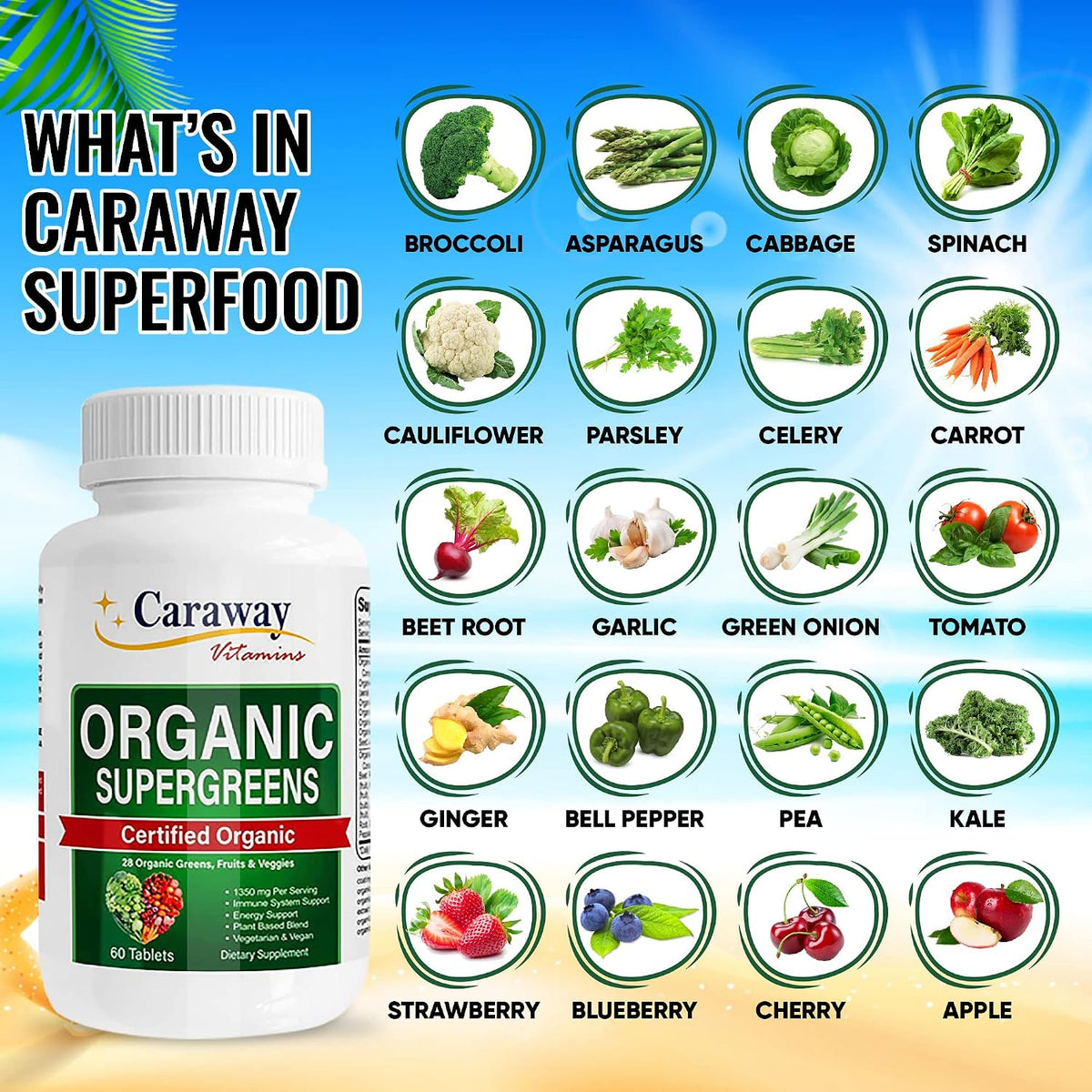 Caraway Vitamins Organic Superfoods Greens Complex - 60 Tablets - görsel 2