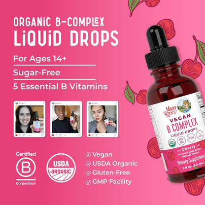 MaryRuth's Organics Vitamin B Complex Liquid Drops - Organic, Vegan, Non-GM, Gluten-free, Cherry Flavour - 2 Month Supply