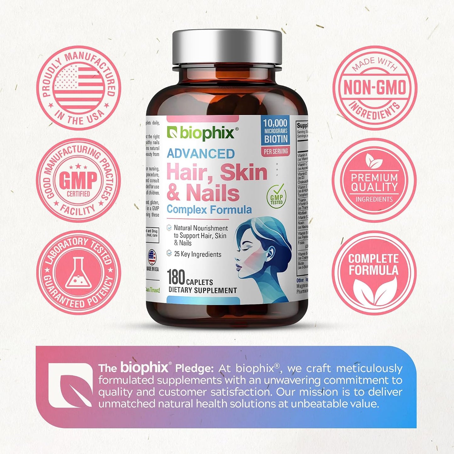 biophix Hair Skin and Nails Complex – 180 Caplets with 10,000 mcg Biotin - görsel 7
