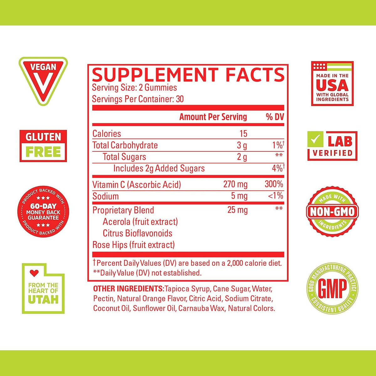 Zhou Vitamin C+ Gummies - 270 mg with Bioflavonoids, Rosehips & Acerola for Immune Support - 60 Vegan Gummies - görsel 2
