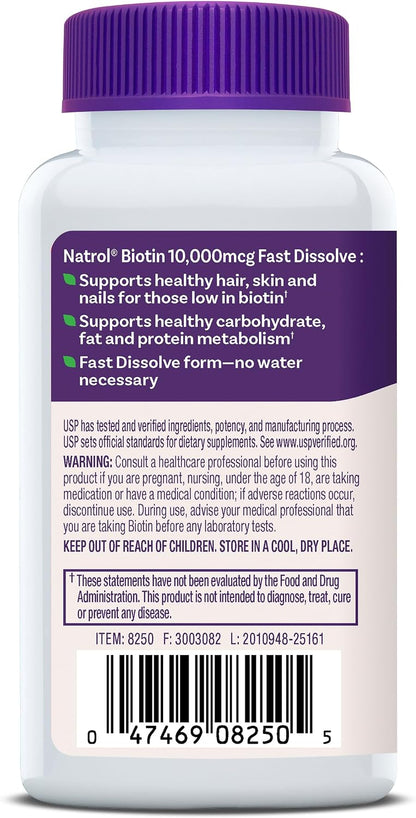 Natrol Biotin 10,000 mcg Fast Dissolve Tablets, Strawberry Flavour, 250 Tablets