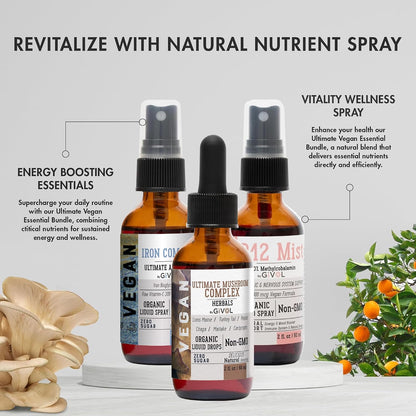 GIVOL Ultimate Vegan Essential Bundle Liquid Spray – Mushroom Complex, Iron Bisglycinate, and Vitamin B12 Methylcobalamin, All Natural, Non-GMO, Gluten-free, Sugar Free (3 x 60 ml, 360 Day Supply)