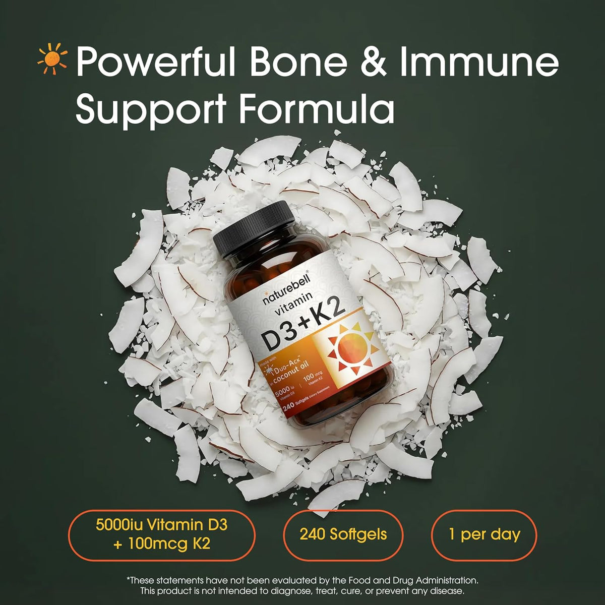 NatureBell Vitamin D3 K2 Supplement - 5000 IU D3 & 100mcg K2 MK-7 with Coconut Oil - 240 Softgels - görsel 2