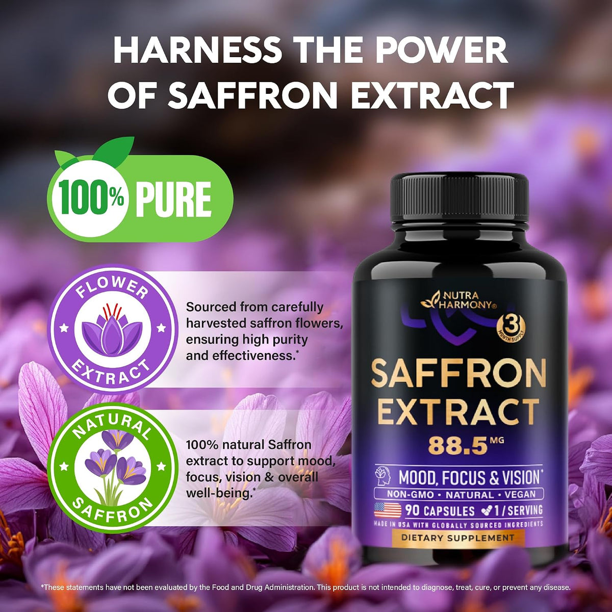 NUTRAHARMONY Pure Saffron Extract 88.5 mg – Mood, Focus & Eye Health Supplement – 90 Capsules - görsel 4