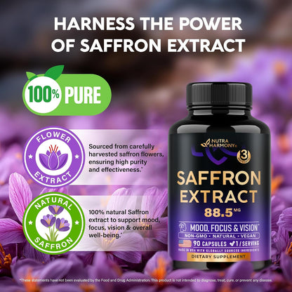 NUTRAHARMONY Pure Saffron Extract 88.5 mg – Mood, Focus & Eye Health Supplement – 90 Capsules