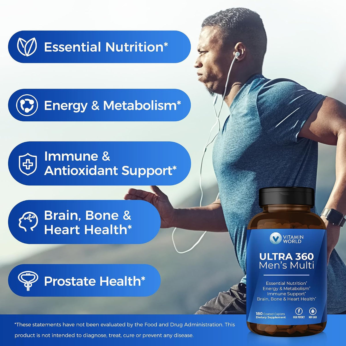 Vitamin World Ultra 360 Multivitamin for Men, Men's Multivitamin with Herbs & Antioxidants for Energy & Performance, Supplement with Vitamin A, C, D, E, B12 & Zinc for Immune Support, 180 Caplets - görsel 4